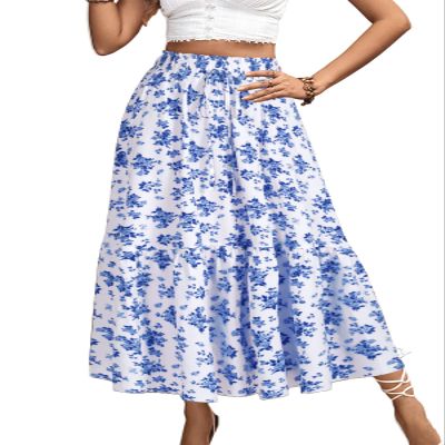 BARASA Women's High Elastic Waist Skirt Casual Summer Trendy Pleated Beach Tie Front Flowy Ruffle Floral Print Long A Line Cute Boho Skirts 8627 Royal White S