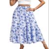 BARASA Women's High Elastic Waist Skirt Casual Summer Trendy Pleated Beach Tie Front Flowy Ruffle Floral Print Long A Line Cute Boho Skirts 8627 Royal White S view 1
