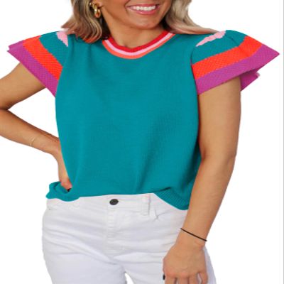 SHEWIN Womens Sweaters Crewneck Summer Tops Lightweight Knit Pullover Short Sleeve Sweater Trendy Fall Top and Blouses Dressy Casual Mint Blue M