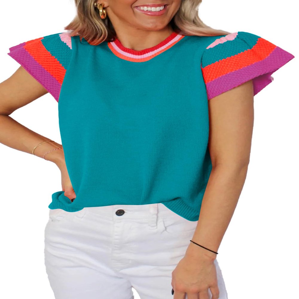 SHEWIN Womens Sweaters Crewneck Summer Tops Lightweight Knit Pullover Short Sleeve Sweater Trendy Fall Top and Blouses Dressy Casual Mint Blue M