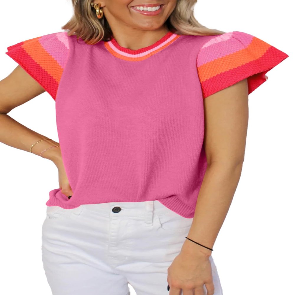 SHEWIN Womens Spring Fashion 2026 Cap Sleeve Cute Tops Loose Crewneck Pullover Sweater Casual Lightweight Knit Summer Sweaters for Women Hot Pink XXL