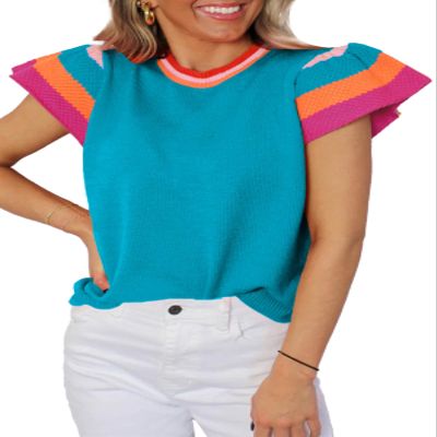 SHEWIN Sweaters for Women 2026 Lightweight Knitted Spring Tops Casual Crew Neck Short Sleeve Sweater Loose Fit Womens Cute Top Vacation Outfits for Women Blue XL