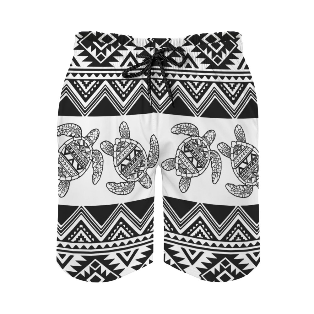 Sea Turtle Striped Men's Swim Trunks Retro Ethnic Sport Shorts Tribal Beach Shorts Swimwear Bathing Suits with Pockets Black White xx_l