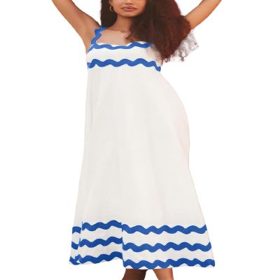 ebossy Women's 2024 Summer Trendy Shirred Floral Boho Long Dress Rickrack Spaghetti Straps Flowy Beach Sundress (X-Large, Blue/White)