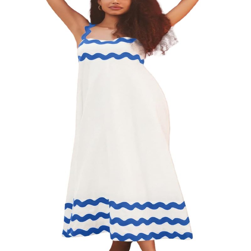 ebossy Women's 2024 Summer Trendy Shirred Floral Boho Long Dress Rickrack Spaghetti Straps Flowy Beach Sundress (X-Large, Blue/White)