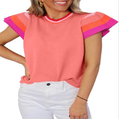 SHEWIN Womens Sweaters Crewneck Spring Tops Lightweight Knit Short Sleeve Sweater Trendy Pullover Top and Blouses Dressy Casual Summer Outfits Pink M