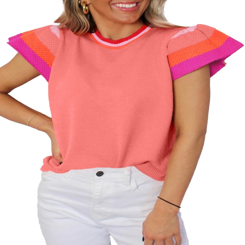 SHEWIN Womens Sweaters Crewneck Spring Tops Lightweight Knit Short Sleeve Sweater Trendy Pullover Top and Blouses Dressy Casual Summer Outfits Pink M