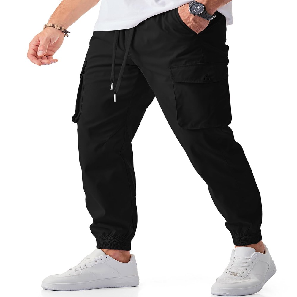 JMIERR Mens Joggers Relaxed Fit Casual Elastic Waist Drawstring Stretch Cargo Pants Tapered Work Hiking Workout Jogger Fall Fashion Sweatpants with Pockets, L, Black