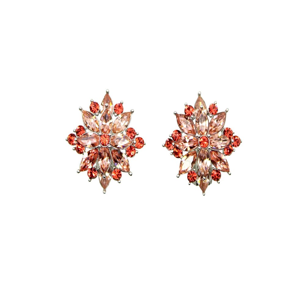 Faship Gorgeous Coral Rhinestone Crystal Clip Ons Earrings - Coral