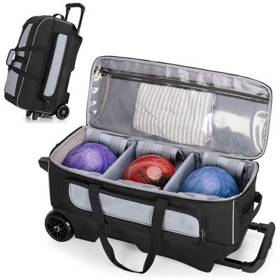 GOBUROS 3 Ball Roller Bowling Bag with Multi Accessory Pockets and Shoes Compartment, Fits 2 Pairs of Size 16 Shoes, 3 Ball Bowling Bags with Large Wheels and Retractable Handle Extends to 41.5"