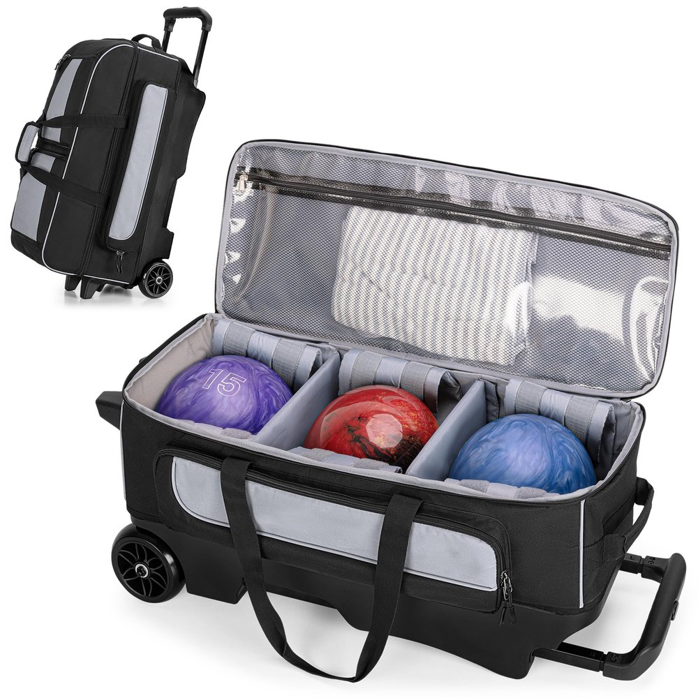 GOBUROS 3 Ball Roller Bowling Bag with Multi Accessory Pockets and Shoes Compartment, Fits 2 Pairs of Size 16 Shoes, 3 Ball Bowling Bags with Large Wheels and Retractable Handle Extends to 41.5"
