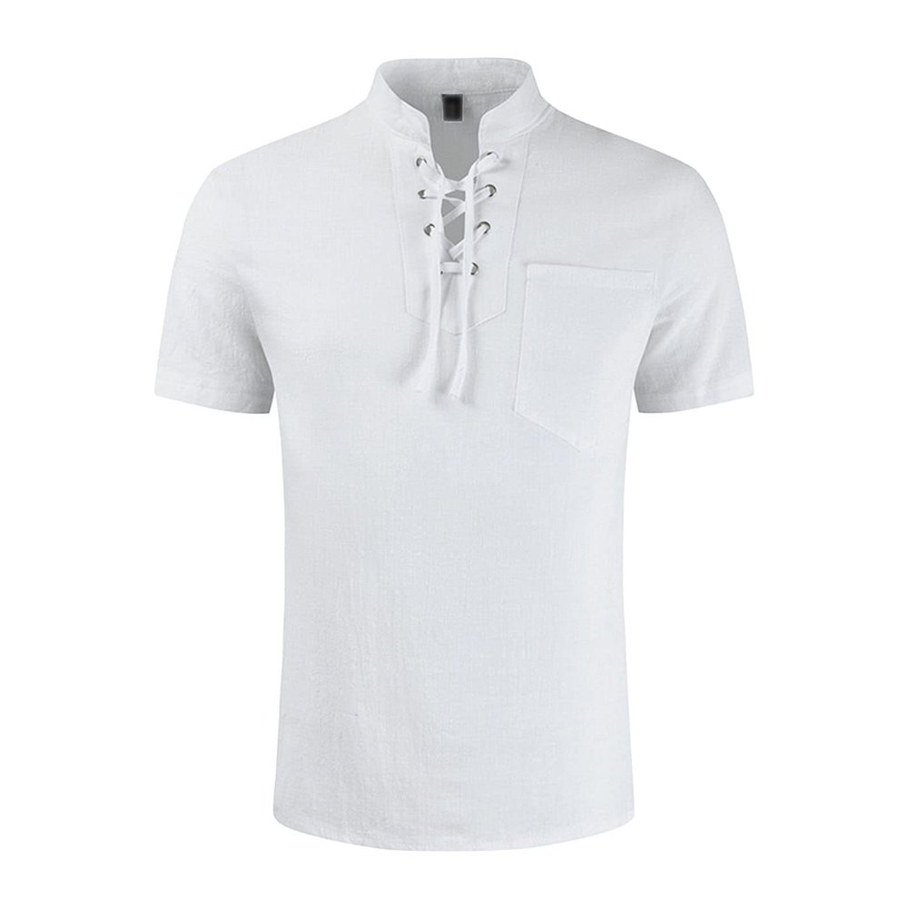 DGHM-JLMY Men's Lace-up Henley Shirts Stand-Up Collar Cotton Linen Lace-Up T-Shirt V Neck Athletic T-Shirt Tie Stand Collar (White,Small)