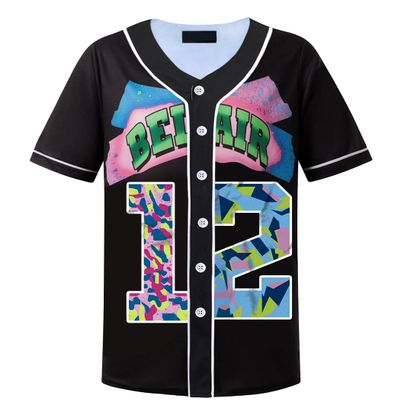 HOPSHION 90s Bel Air Baseball Jersey for Women Button Down Hip Hop Clothing Outfits HP007-#12-Black-XS