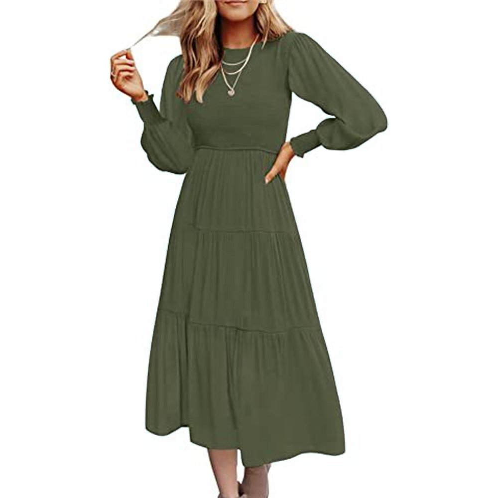 Generic Women's High Waist Puff Long Sleeve Dress Loose Empire Waist Swing Pleated Dresses Ruffle Shirred Flowy Mini Dress (Large,Army Green)