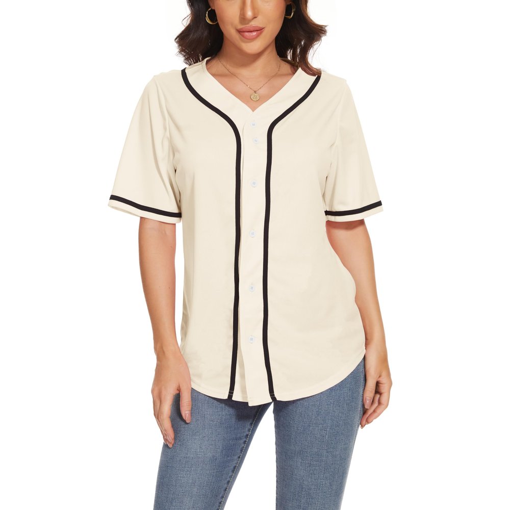 Women's Baseball Jerseys Blank Button Down V-Neck Softball Team Uniform Fashion Simple Wide Stripe Short Sleeve (Apricot,2XL,XX-Large)
