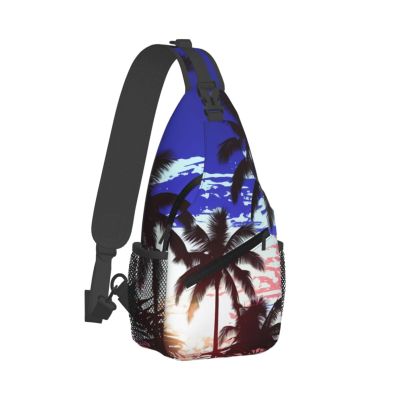 WSOIHFEC Sling Bag for Women Men Chest Bag Blue and white palm trees Crossbody Bag Small Sling Backpack Fanny Packs Hiking Daypack