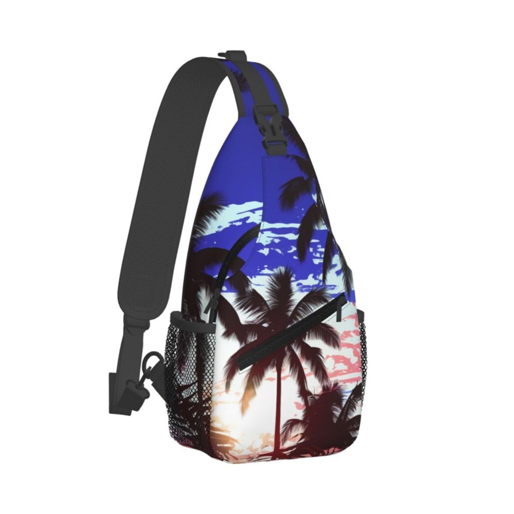 WSOIHFEC Sling Bag for Women Men Chest Bag Blue and white palm trees Crossbody Bag Small Sling Backpack Fanny Packs Hiking Daypack