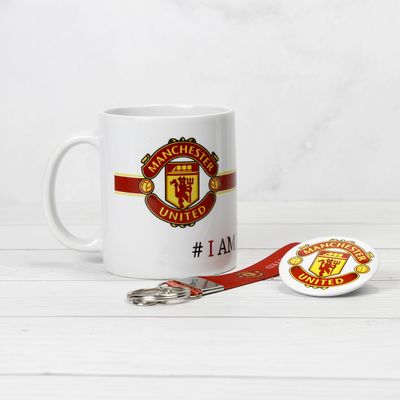 SMIZE Manchester United Set of Mug, Keychain, and Badge | 350 ml Ceramic Mug | Microwave Safe and Freezer Safe | Gift for Fans | Durable & Stylish, 11 Ounce, White, Smize01ManUnited