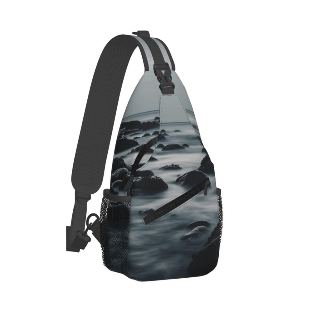 WSOIHFEC Sling Bag for Women Men Chest Bag Black rocks on the water Crossbody Bag Small Sling Backpack Fanny Packs Hiking Daypack
