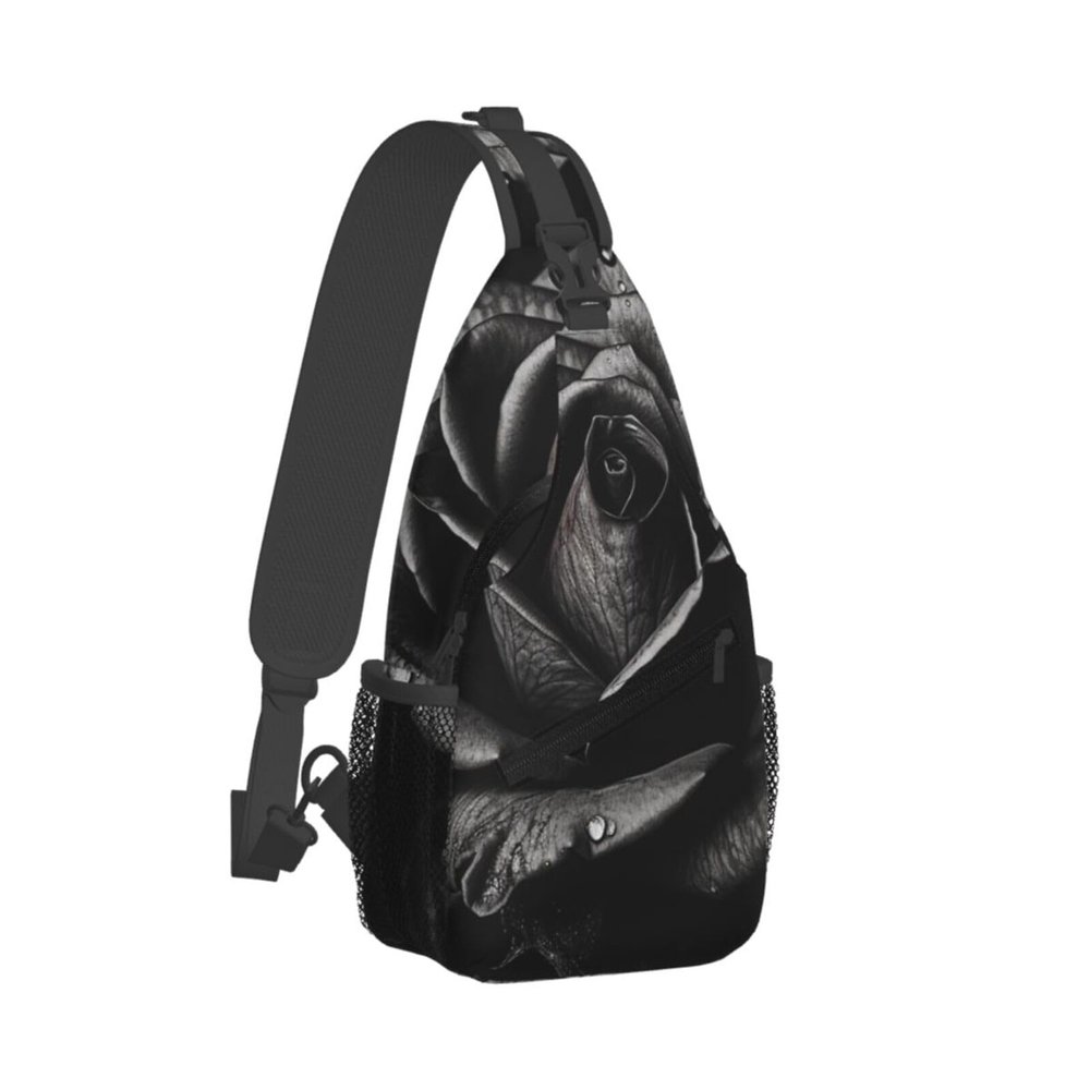 WSOIHFEC Sling Bag for Women Men Chest Bag Black Rose Crossbody Bag Small Sling Backpack Fanny Packs Hiking Daypack