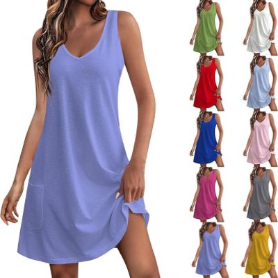 WENLIN Womens Summer Dresses 2024 Loose V Neck Tank Dress Casual Beach Sun Sleeveless Sundress with Pockets (US, Alpha, Large, Regular, Regular, Purple)