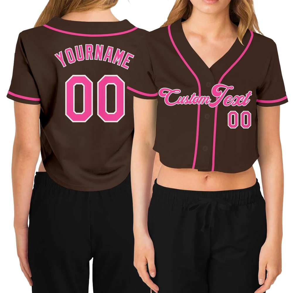 Custom Women's Cropped Baseball Jersey,Personalized Crop Top Button Down T-Shirts Short Sleeve V-Neck Blouse Button Up Jersey A-Brown