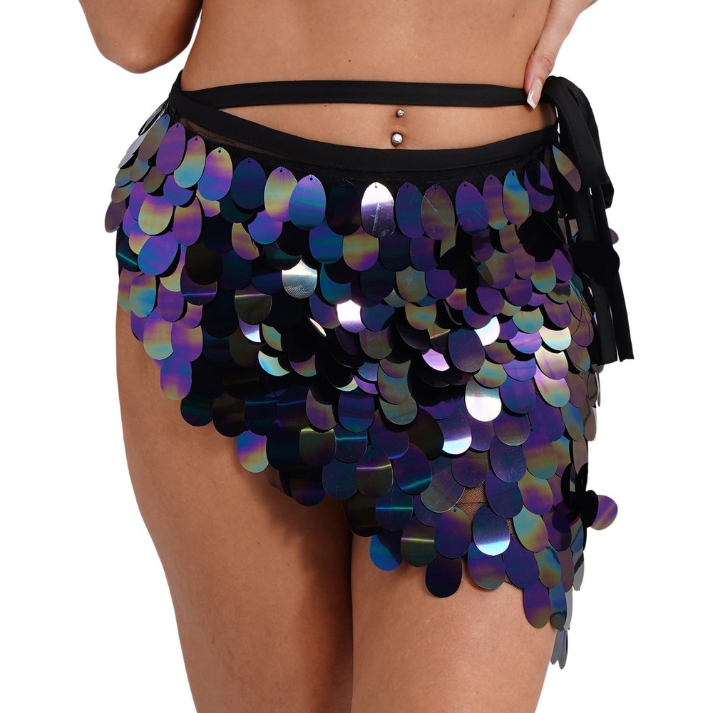 Zaldita Womens Shiny Sequin Skirts Mini High Slit Party Skirt Belly Dance Sparkly Hip Wrap Skirts Black Medium