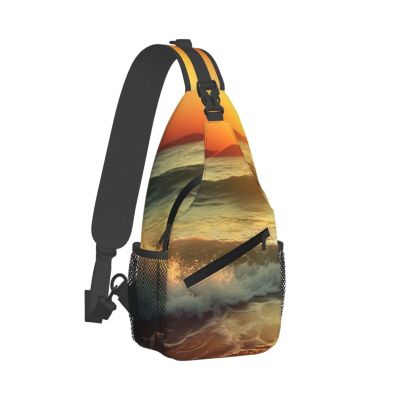 WSOIHFEC Sling Bag for Women Men Chest Bag Waves Sunset Crossbody Bag Small Sling Backpack Fanny Packs Hiking Daypack