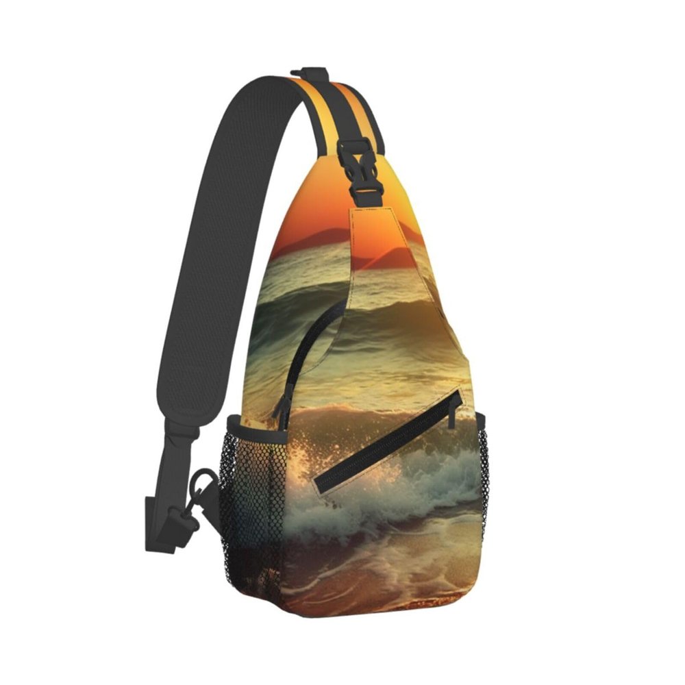 WSOIHFEC Sling Bag for Women Men Chest Bag Waves Sunset Crossbody Bag Small Sling Backpack Fanny Packs Hiking Daypack