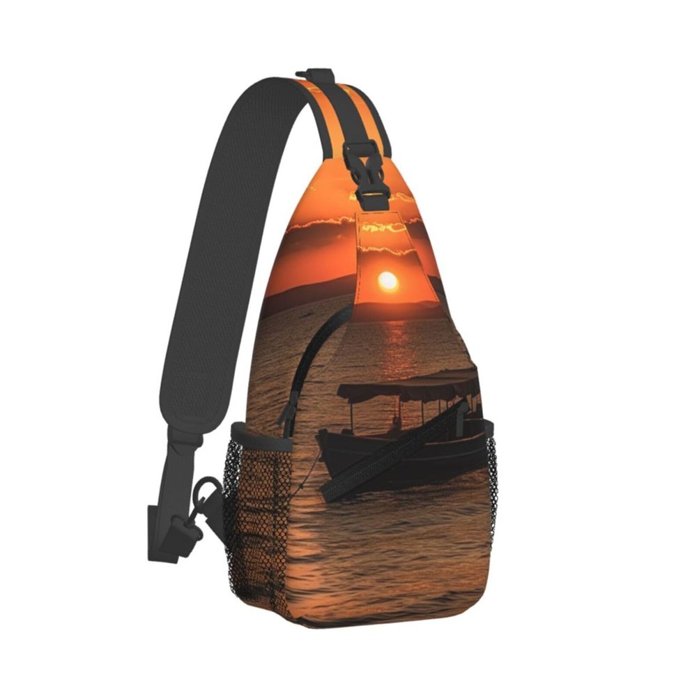 WSOIHFEC Sling Bag for Women Men Chest Bag Boat at sunset Crossbody Bag Small Sling Backpack Fanny Packs Hiking Daypack