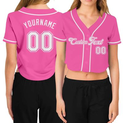 Custom Women's Cropped Baseball Jersey,Personalized Crop Top Button Down T-Shirts Short Sleeve V-Neck Blouse Button Up Jersey B-Pink