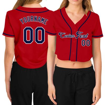 Custom Women's Cropped Baseball Jersey,Personalized Crop Top Button Down T-Shirts Short Sleeve V-Neck Blouse Button Up Jersey B-red