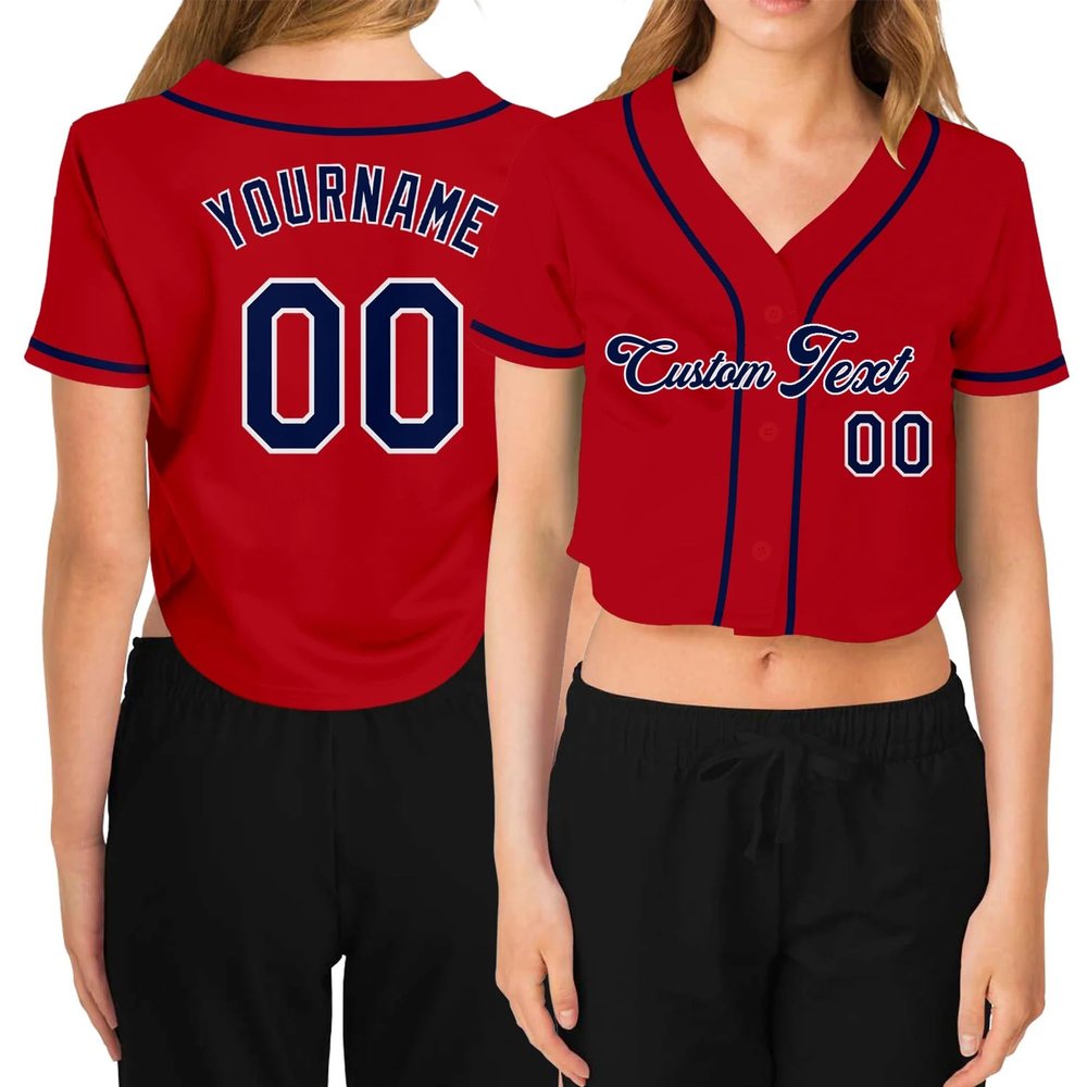 Custom Women's Cropped Baseball Jersey,Personalized Crop Top Button Down T-Shirts Short Sleeve V-Neck Blouse Button Up Jersey B-red
