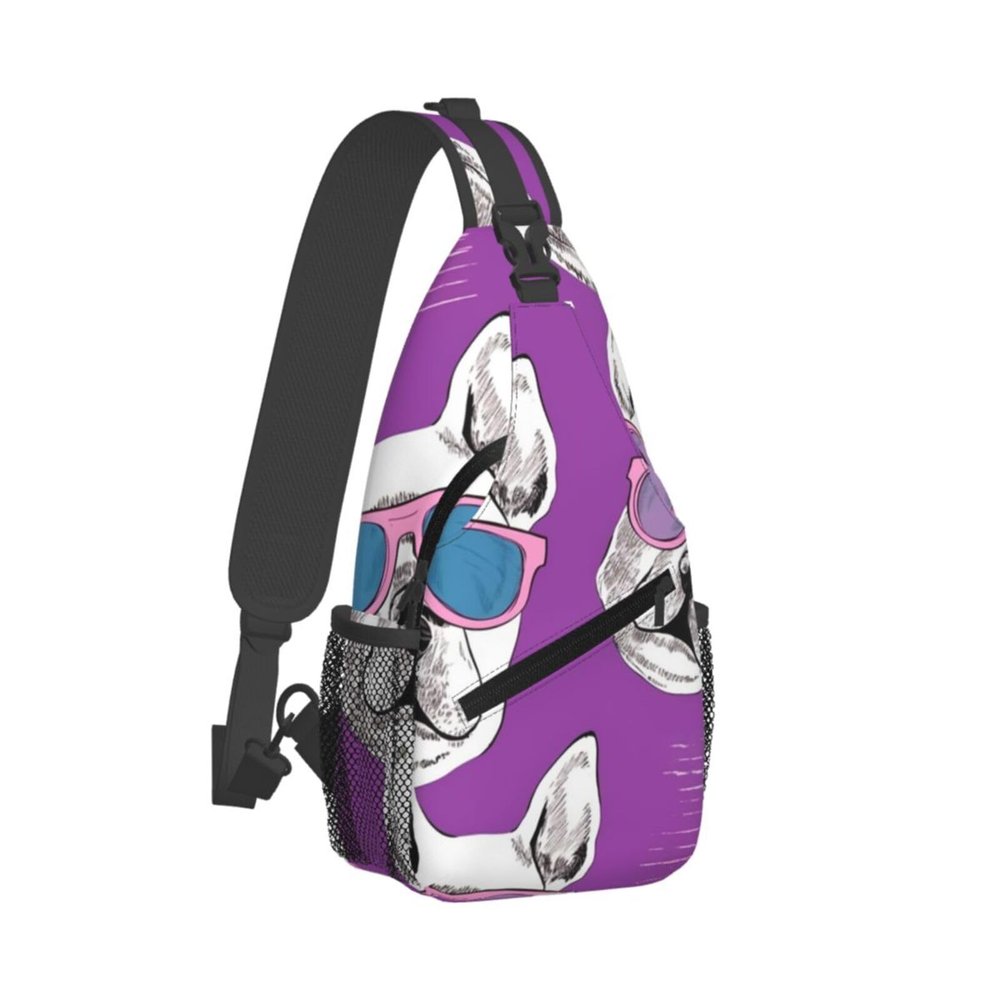 WSOIHFEC Sling Bag for Women Men Chest Bag Dog Wear Purple Sunglasses Pattern Crossbody Bag Small Sling Backpack Fanny Packs Hiking Daypack