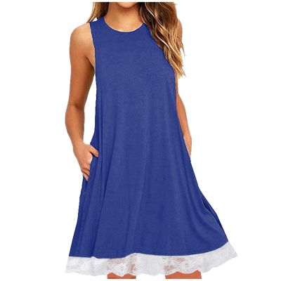 2024 Summer Sleeveless Tank Sundress,Women Crewneck Solid A Line Vacation Dress,Casual Beach Lace Dress with Pockets Orders (Blue-B, XL)