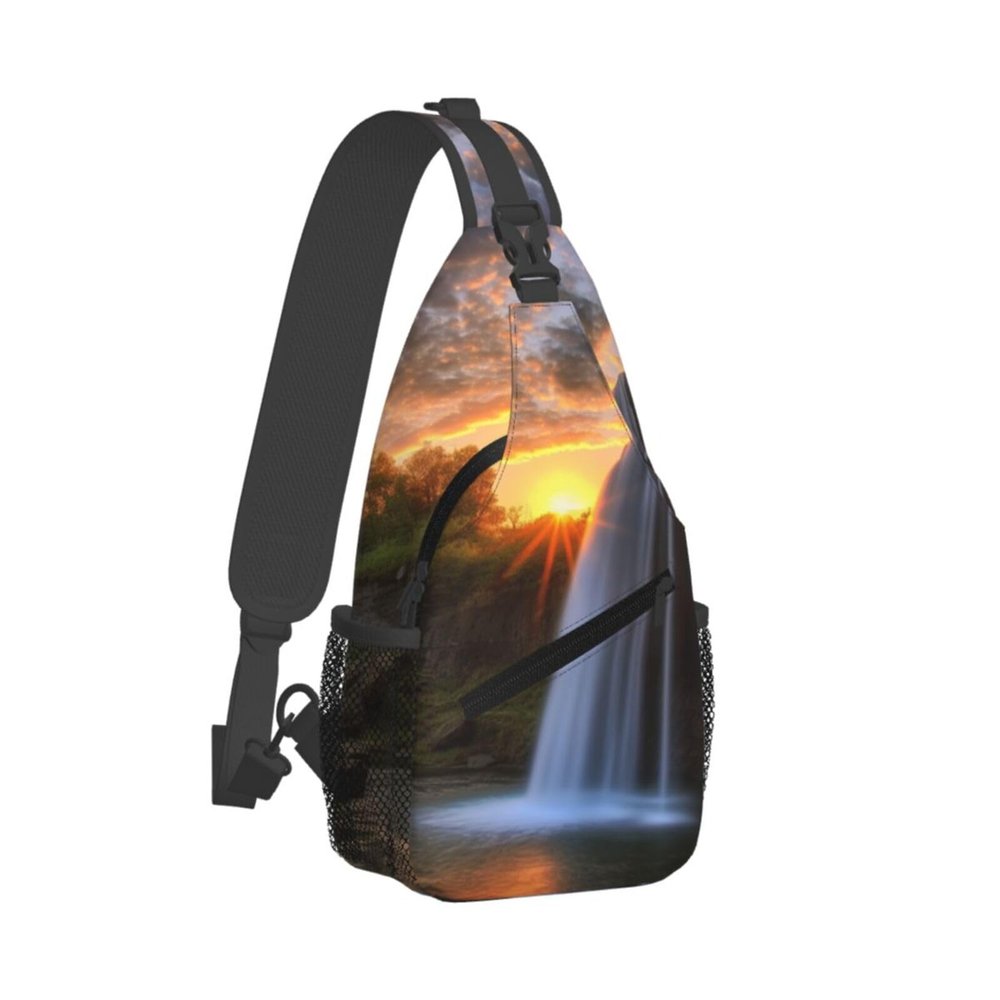 WSOIHFEC Sling Bag for Women Men Chest Bag Waterfall at Sunset Crossbody Bag Small Sling Backpack Fanny Packs Hiking Daypack