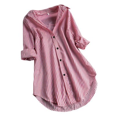 GOKKILRW Womens Fashion Clothes Dressy Casual Blouses for Women Striped Spring Summer Shirts Button Down Roll Up Long Sleeve Loose Fit Lightweight Comfy Tops Red