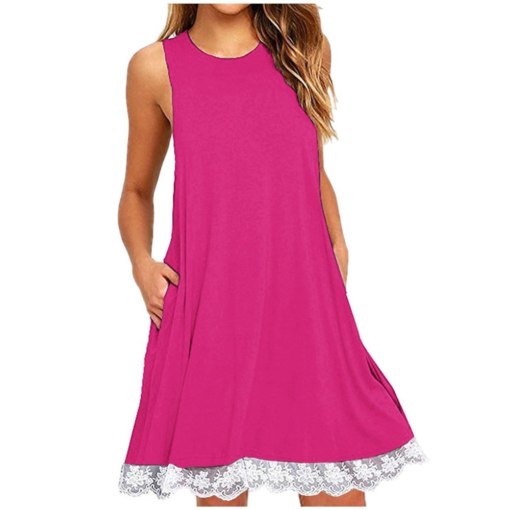 2024 Summer Sleeveless Tank Sundress,Women Crewneck Solid A Line Vacation Dress,Casual Beach Lace Dress with Pockets (Hot Pink-B, XXL)