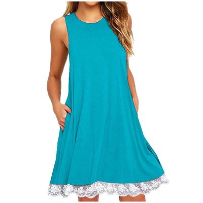 2024 Summer Sleeveless Tank Sundress,Women Crewneck Solid A Line Vacation Dress,Casual Beach Lace Dress with Pockets (Sky Blue-B, L)