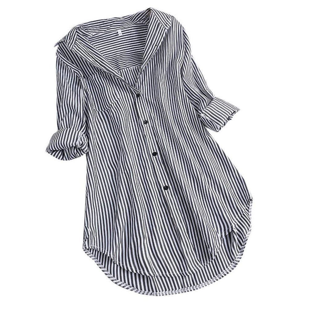 GOKKILRW Womens Dressy Casual Blouses Striped Loose Fit Button Down Shirts Roll Up Long Sleeve Lightweight Spring Summer Tops Black