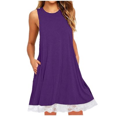 2024 Summer Sleeveless Tank Sundress,Women Crewneck Solid A Line Vacation Dress,Casual Beach Lace Dress with Pockets Sales Today Clearance (Purple-B, XL)