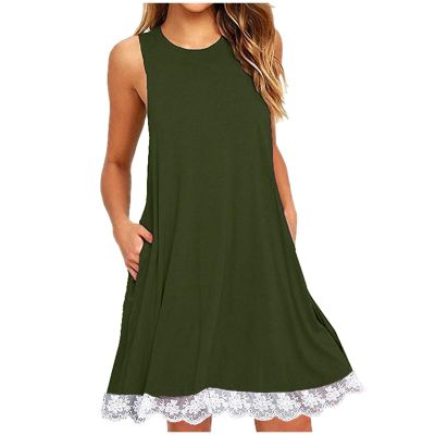 2024 Summer Sleeveless Tank Sundress,Women Crewneck Solid A Line Vacation Dress,Casual Beach Lace Dress with Pockets (Ag-B, M)