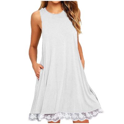 2024 Summer Sleeveless Tank Sundress,Women Crewneck Solid A Line Vacation Dress,Casual Beach Lace Dress with Pockets (White-B, M)