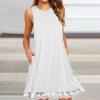 2024 Summer Sleeveless Tank Sundress,Women Crewneck Solid A Line Vacation Dress,Casual Beach Lace Dress with Pockets (White-B, M) view 3