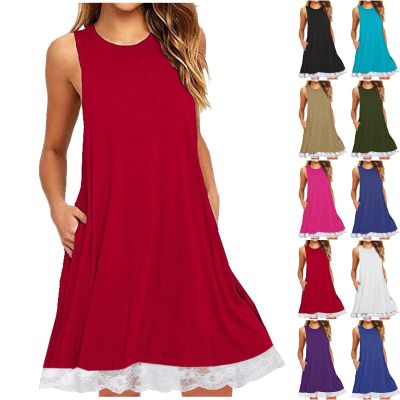 2024 Summer Sleeveless Tank Sundress,Women Crewneck Solid A Line Vacation Dress,Casual Beach Lace Dress with Pockets Placed by Me (Red-B, M)