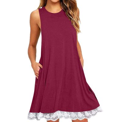 2024 Summer Sleeveless Tank Sundress,Women Crewneck Solid A Line Vacation Dress,Casual Beach Lace Dress with Pockets Sales to Clearance (Wine-B, XXL)