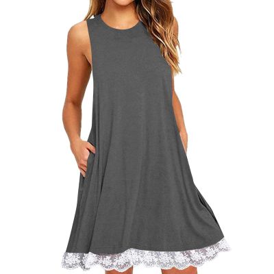 2024 Summer Sleeveless Tank Sundress,Women Crewneck Solid A Line Vacation Dress,Casual Beach Lace Dress with Pockets The (Dark Gray-B, XL)