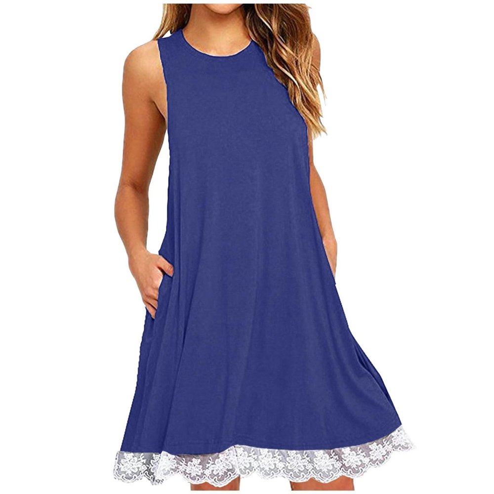 2024 Summer Sleeveless Tank Sundress,Women Crewneck Solid A Line Vacation Dress,Casual Beach Lace Dress with Pockets (Navy-B, S)