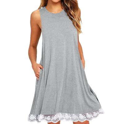 2024 Summer Sleeveless Tank Sundress,Women Crewneck Solid A Line Vacation Dress,Casual Beach Lace Dress with Pockets Amaon Prime (Grey-B, M)