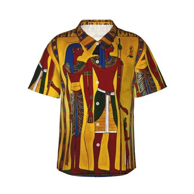 Ancient Egypt Tribe Series Men's Casual Shirts Short Sleeve Regular Fit Fashion Camp Beach Shirts Tops Black